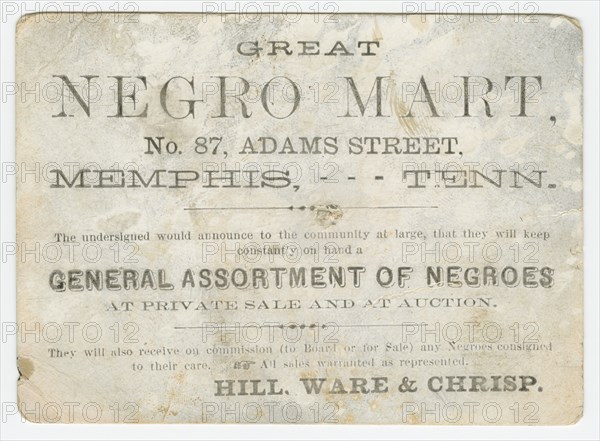 Trade card for the "Great Negro Mart" in Memphis, Tennessee, 1859-1860. Creator: Unknown.