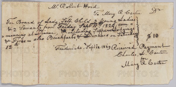 Payment receipt for room and board provided by Mary R. Carter, September 12, 1829. Creator: Unknown.