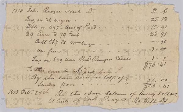 Record of taxable property, including enslaved persons, owned by John Rouzee, October 27, 1813. Creator: Unknown.