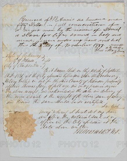 Bill of sale for a man named Daniel to Jerome B. Annis, November 1, 1851. Creator: Thomas May.