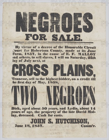 Broadside announcing the sale of a man, Dick, and a girl, Lydia, 1857. Creator: Unknown.