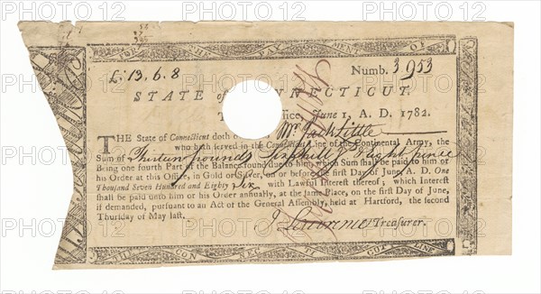 Receipt for payment to Jack Little for his service in the Continental Army, 1782. Creator: Unknown.