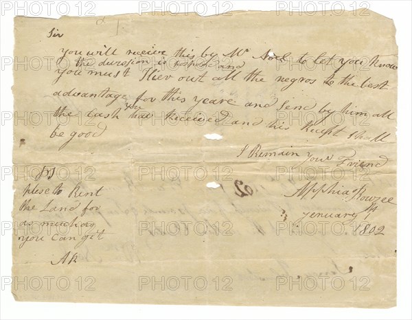 Letter and payment receipt for hire of enslaved persons owned by Apphia Rouzee, January 1, 1802. Creator: Unknown.