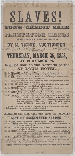 Broadside for a New Orleans auction of 18 enslaved persons from Alabama, 1858. Creator: Unknown.