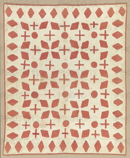 Cream and red appliqued quilted bedcover, ca. 1850. Creator: Unknown.