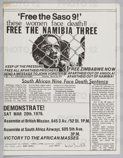 Flyer announcing "free the Saso 9" protest, 1976. Creator: Unknown.