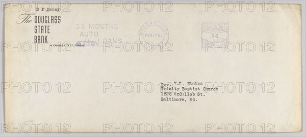 Envelope for letter from H.W. Sewing for Daisy Bates Trust Fund, Feb 17, 1960. Creator: Unknown.