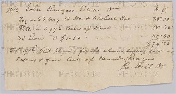 Record of taxes on property, including enslaved persons, owned by John Rouzee, October 19, 1816. Creator: Unknown.