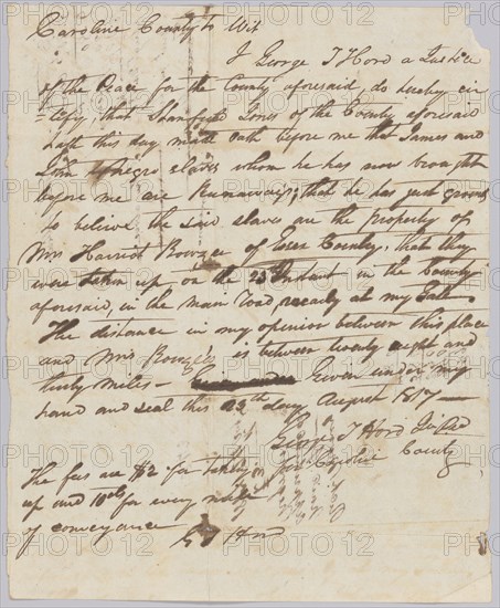 Affidavit of apprehension of James and John, property of Harriot Rouzee, August 23, 1817. Creator: Unknown.