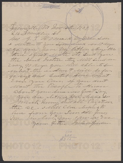 Letter from Nelson Jordan to Julia Womack with an envelope, November 16, 1909. Creator: Nelson Jordan.