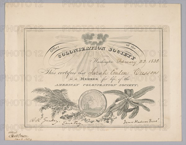 Membership certificate to the American Colonization Society, February 22, 1832. Creator: Unknown.