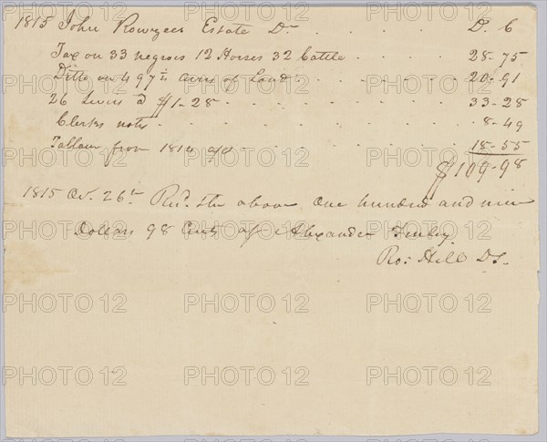 Record of taxes on property, including enslaved persons, owned by John Rouzee, October 26, 1815. Creator: Unknown.