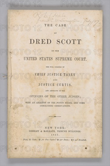 The Case of Dred Scott in the United States Supreme Court, 1857. Creator: Unknown.