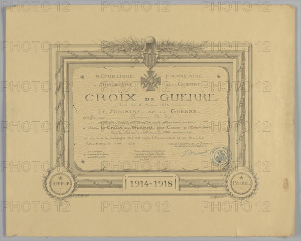 Certificate for French Croix de Guerre medal issued to Cpl. Lawrence L. McVey, March 2, 1928. Creator: Unknown.