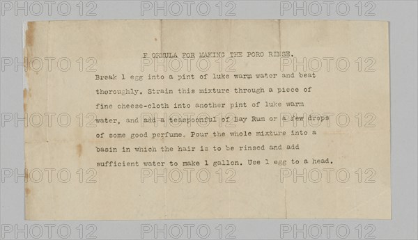 Typewritten formula for Poro hair rinse, 1915-1953    . Creator: Unknown.