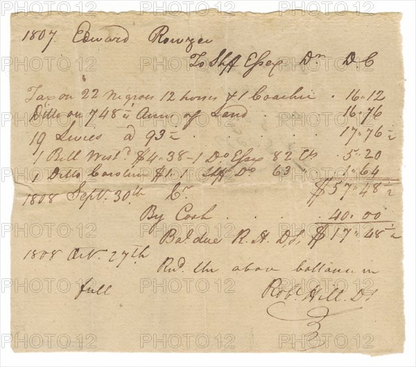 Record of taxes on property, including enslaved persons, owned by Edward Rouzee, October 27, 1808. Creator: Unknown.