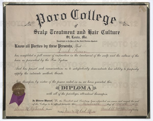 Diploma issued to Lucille Brown from Poro College, March 19, 1915. Creator: Unknown.