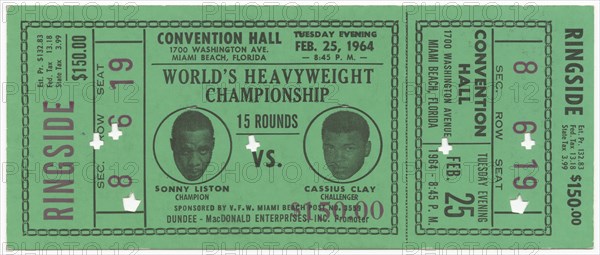 Ticket for World Heavyweight Championship fight of Sonny Liston vs. Cassius Clay, Feburary 25, 1964. Creator: Unknown.
