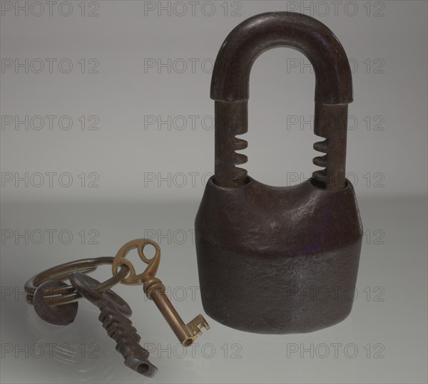 Iron lock and set of keys owned by members of the Ellis family, late 19th-early 20th century. Creator: Unknown.