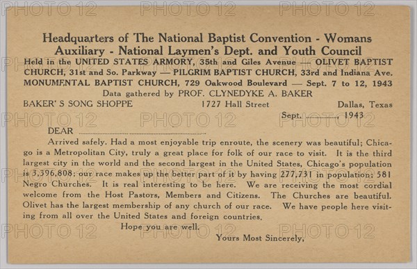 Form letter for National Baptist Convention in Chicago, 1943. Creator: Unknown.