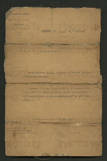 Order of Commendation from the Commander of the French Armies of the East, March 19, 1919. Creator: Unknown.