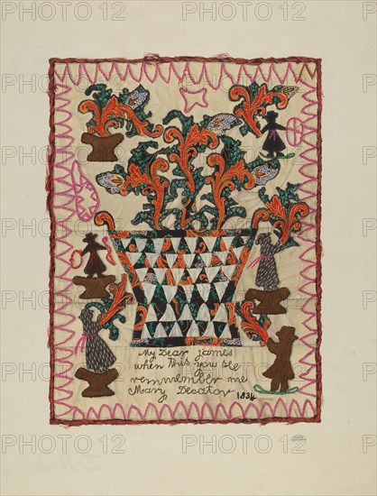 Applique Linen Panel, 1935/1942. Creator: Beverly Chichester.