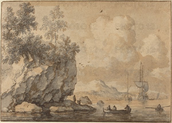 Figures in Rowing Boats in a Rocky Cove, Sailing Ships Beyond. Creator: Allart van Everdingen.