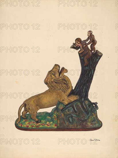 Toy Bank: Monkey and Lion, c. 1937. Creator: George File.