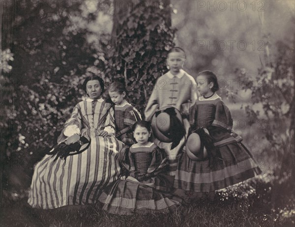 [Seated Lady in Striped Dress with Four Little Girls], 1850s-60s. Creator: Franz Antoine.