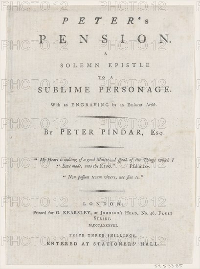 Title page, from Peter's Pension by Peter Pindar, Esq., 1787. Creator: George Kearsley.