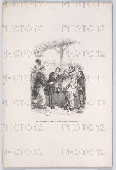 All voters, big and small, gather to humbly coax each other... from the Little Miseries of..., 1843. Creator: Jean Ignace Isidore Gerard.