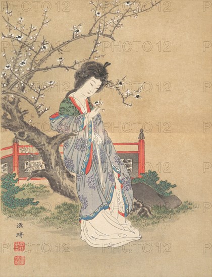 Chinese Beauty Beside a Plum Tree, leaf from the album “A Contest of Beauties from the Nea..., 1895. Creator: Unknown.