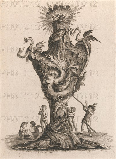 Design for a large Vase representing 'Fire', Plate 6 from: 'Neu inventierte..., Printed ca. 1750-56. Creator: Jacob Gottlieb Thelot.