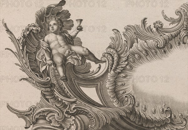 Design for a Rocaille Cartouche with the Figure of Putto holding up a Cup, ..., Printed ca. 1750-56. Creator: Jacob Gottlieb Thelot.