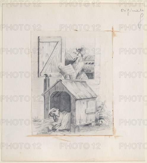 Dog in doghouse; cock singing at window, ca. 1842. Creator: Jean Ignace Isidore Gerard.