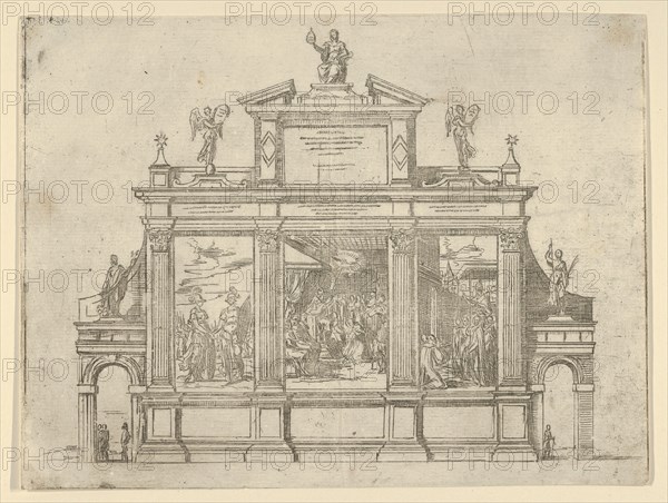 Facade of a triumphal monument with three scenes depicting deeds of Pope Clement VIII, a t..., 1598. Creator: Guido Reni.