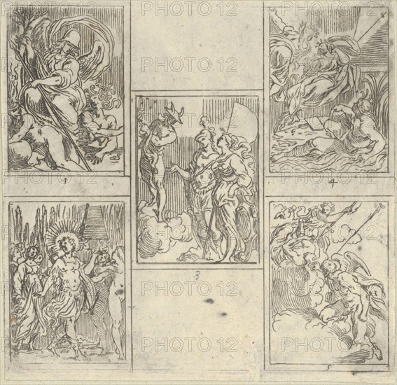 Five numbered scenes, each after a painter in the Accademia Degl'Incamminati, from IL FUNE..., 1603. Creator: Guido Reni.