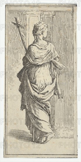 Girl carrying a crucifix and stepping toward a pilaster, seen from behind, ca. 15..., ca. 1590-1600. Creator: Guido Reni.