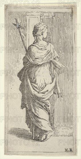 Girl carrying a crucifix and stepping toward a pilaster, seen from behind, ca. 1590-1600. Creator: Guido Reni.