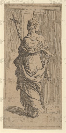 Girl carrying a crucifix and stepping toward a pilaster, seen from behind, ca. 1590-1600. Creator: Guido Reni.