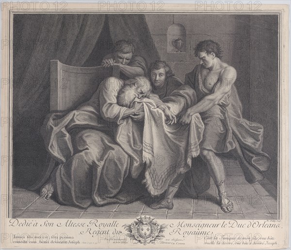 Jacob crying into his son's robe while his other sons pull it away from him, 1724. Creator: François de Poilly.