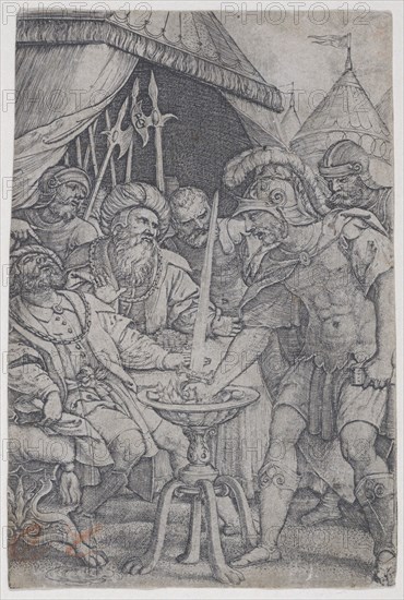 Mucius Scaevola and Porsenna, from Roman Heroes, 1535., 1535. Creator: Georg Pencz.