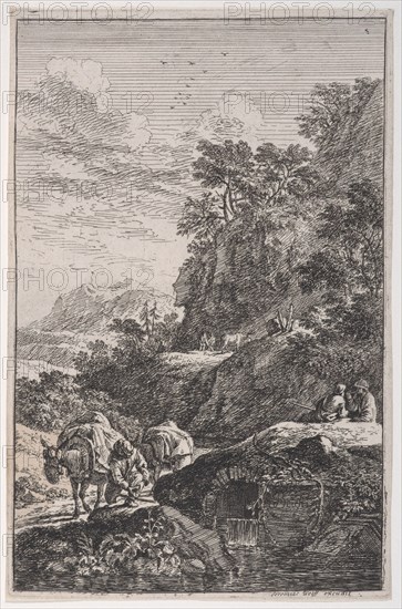 Plate 1: a peasant checking the hoof of his mule by a stream, from 'Landscapes in t..., ca. 1700-25. Creator: Franz Joachim Beich.