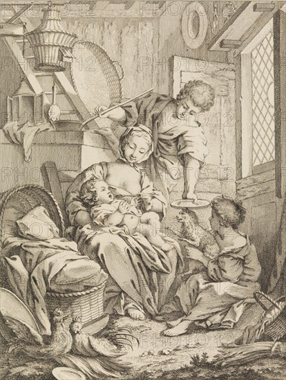Plate 1: Young Woman Feeding her Infant, from Premier Livre de Sujets et Pastorales (Fi..., 1720-72. Creator: Gabriel Huquier.