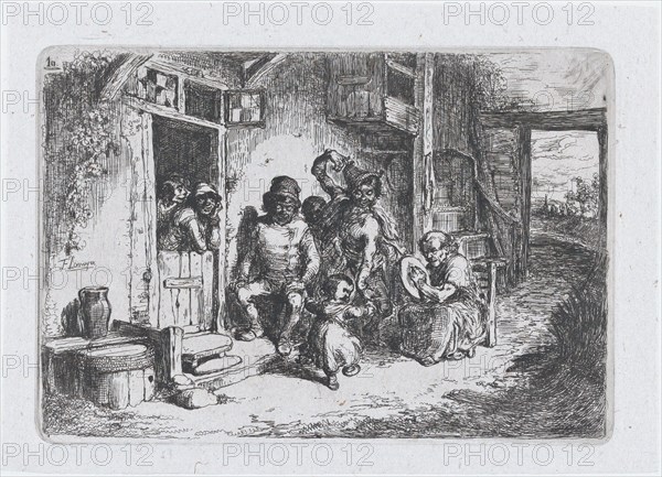 Plate 10: two figures dancing, another seated playing an drum, from the series of customs ..., 1850. Creator: Francisco Lameyer Berenguer.