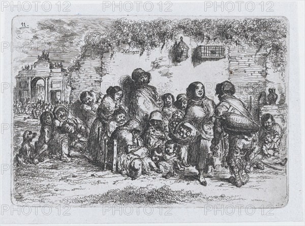 Plate 11: a group of people outdoors, from the series of customs and pastimes of the Spani..., 1850. Creator: Francisco Lameyer Berenguer.