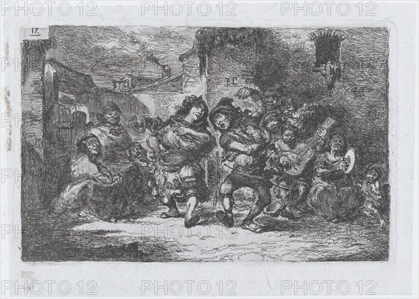 Plate 17: street musicians and dancing figures, from the series of customs and pastimes of..., 1850. Creator: Francisco Lameyer Berenguer.