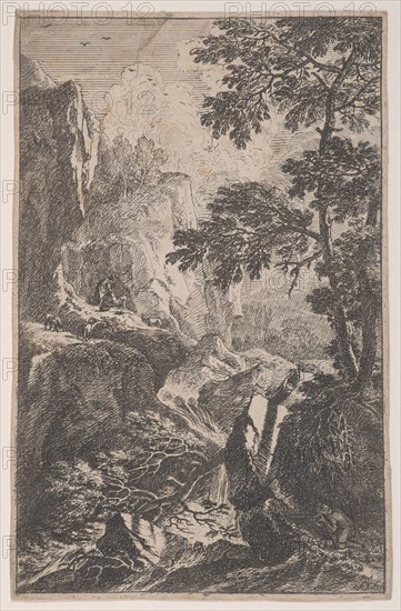 Plate 2: a hunter aiming with his gun, kneeling next to a large rock at right, a ma..., ca. 1700-25. Creator: Franz Joachim Beich.