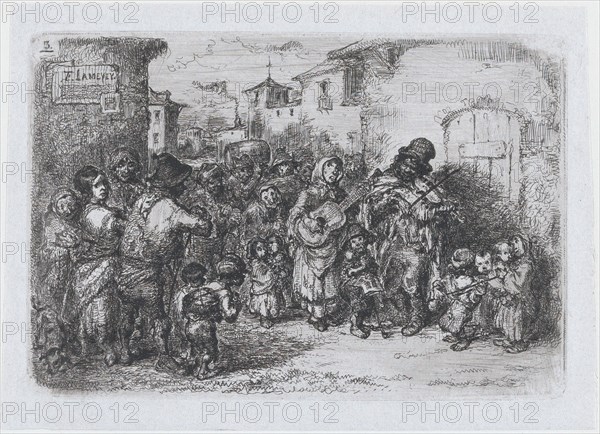 Plate 3: a group street musicians, from the series of customs and pastimes of the Spanish ..., 1850. Creator: Francisco Lameyer Berenguer.