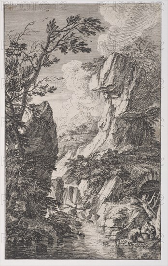Plate 4: two fishermen on the bank of a stream at right, a waterfall at center, fro..., ca. 1700-25. Creator: Franz Joachim Beich.